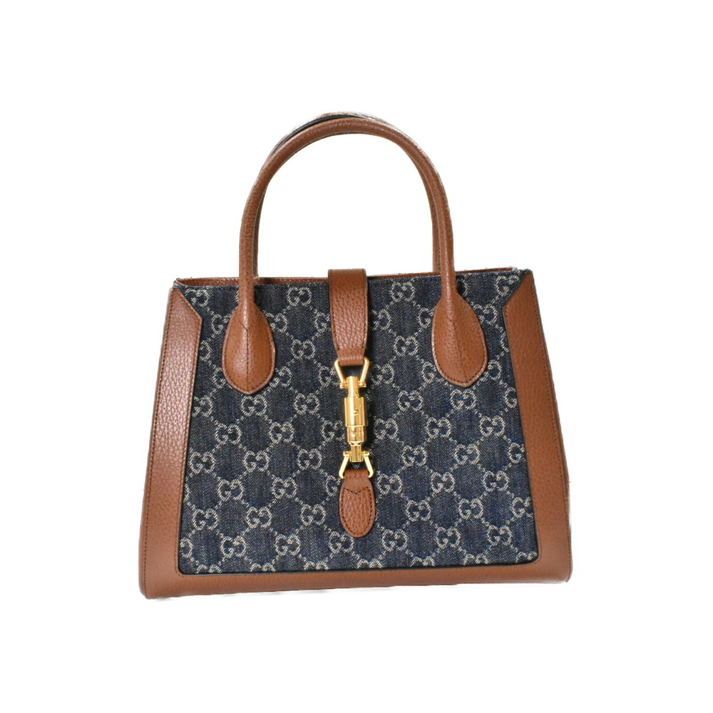 GUCCI Jackie Tote Bag Blue Canvas Leather GG Jacquard Denim handbag shoulder